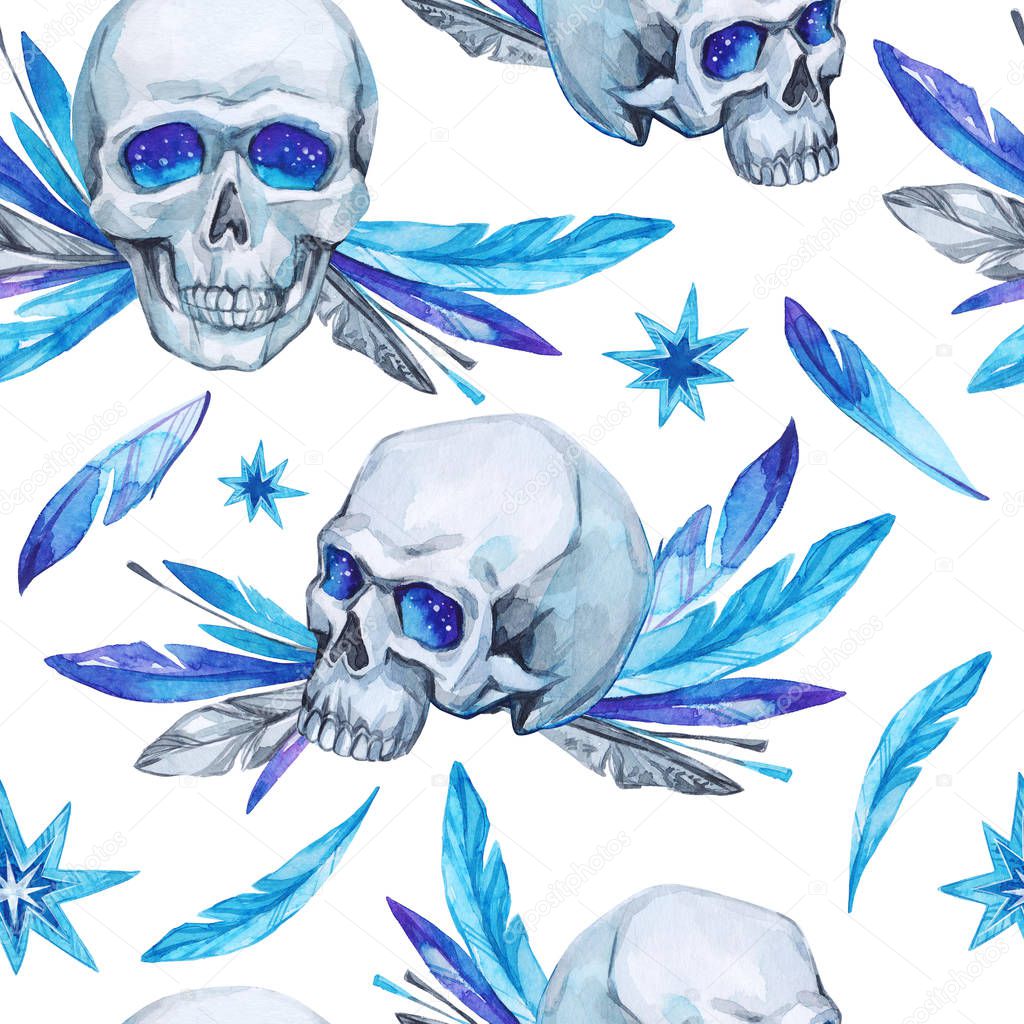 Watercolor seamless pattern skulls 