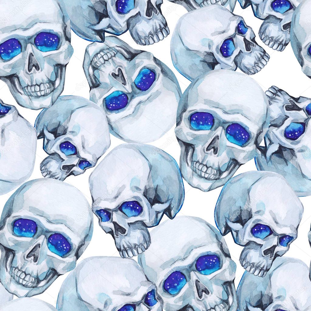 Watercolor seamless pattern skulls. 