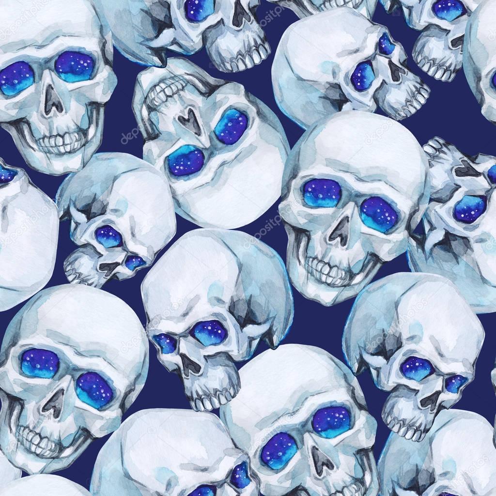 Watercolor seamless pattern skulls. 