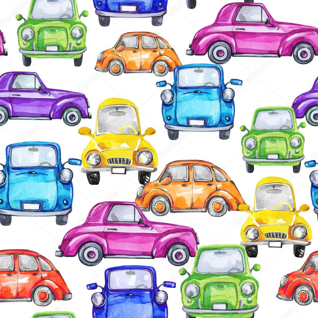 Hand painted retro cars pattern. 