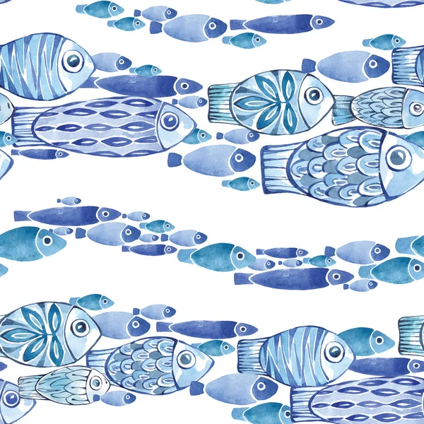 Watercolor seamless horizontal pattern with fishes streams.