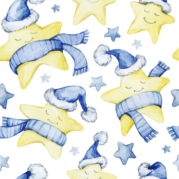Watercolor seamless pattern funny cartoon stars in warm cloths.