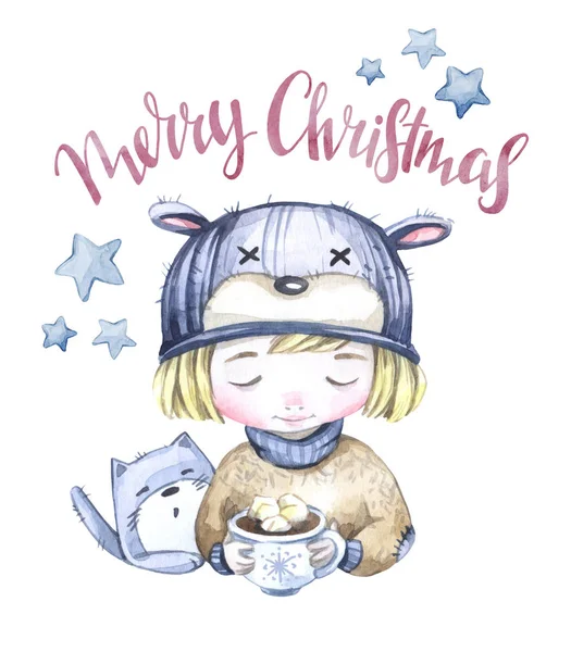 Gattino acquerello e bambino con una tazza di bevanda calda. Biglietto di Capodanno. Buon Natale. Ciao. . — Foto Stock