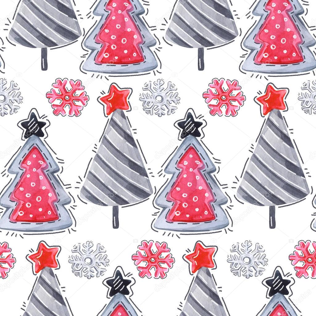 Watercolor seamless New Year pattern. Christmas funny cartoon firs and snowflakes.