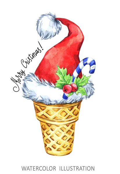 Cono de hielo de dibujos animados acuarela con sombrero de Santa. Un postre divertido. Navidad, símbolo de Año Nuevo . — Foto de Stock