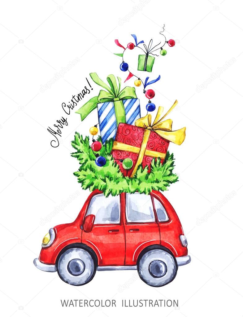 Watercolor seamless pattern with cartoon holidays cars and gifts. New Year. Merry Christmas.