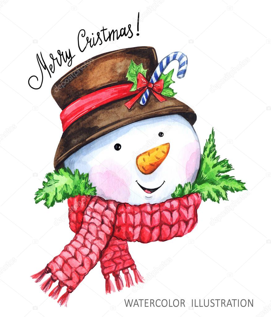 Watercolor cartoon Snowman in the hat and scarf. Christmas, New Year symbol.