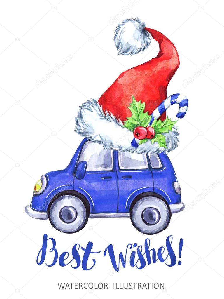 Watercolor cartoon car with Santa's Hat. Christmas, New Year card.