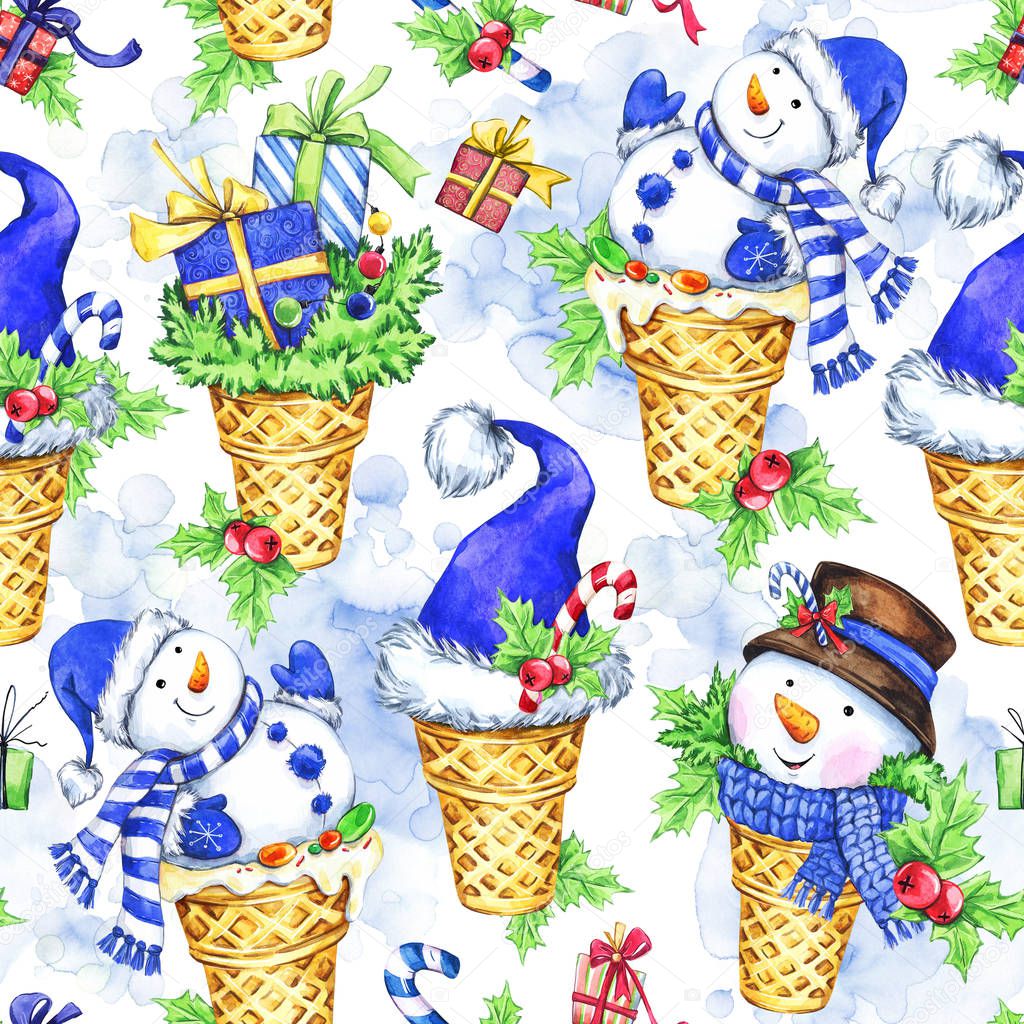 Watercolor seamless pattern with cartoon snowman, Santa hat and gifts. New Year. Merry Christmas.