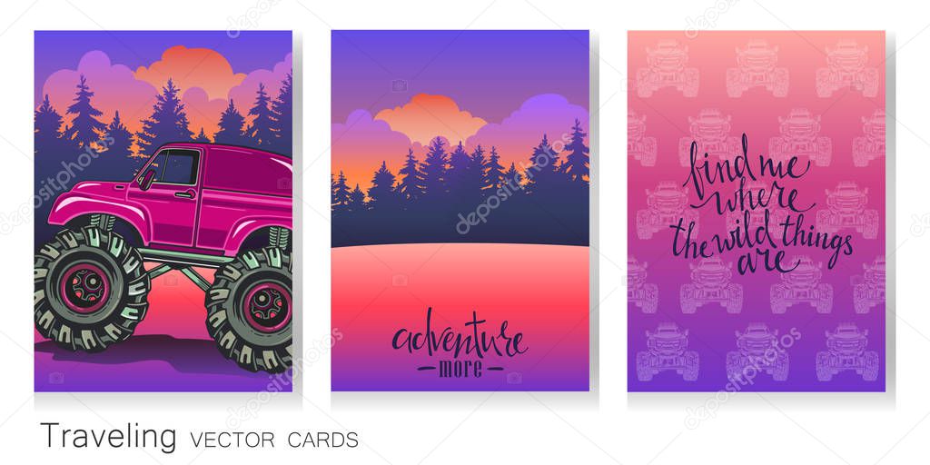 Vector set of artistic colorful cards. Cartoon Monster Truck, evening landscape, pattern and calligraphy.