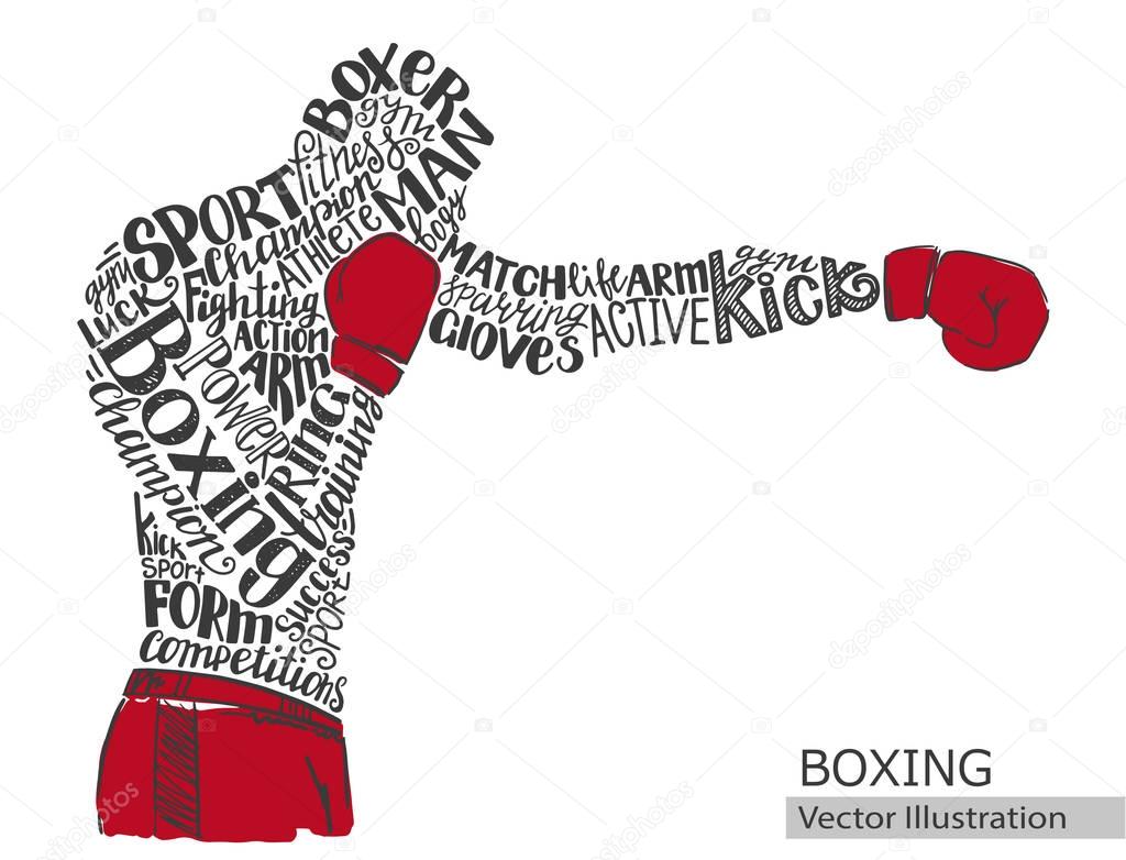 Vector boxer. Silhouette of the athlete from the thematic words.