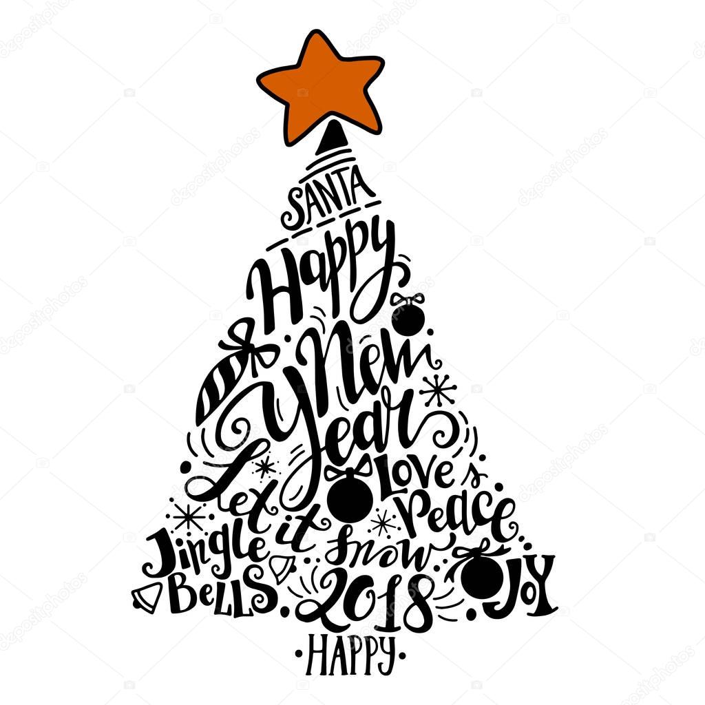 Vector Winter holidays illustration. Christmas silhouette tree with greeting lettering.