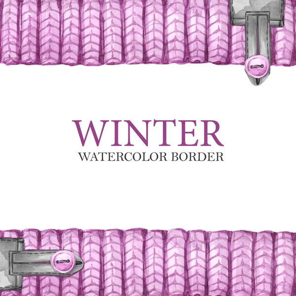 革の要素、ボタンと国境を編み物の水彩画。ファッション繊維の背景. — ストック写真