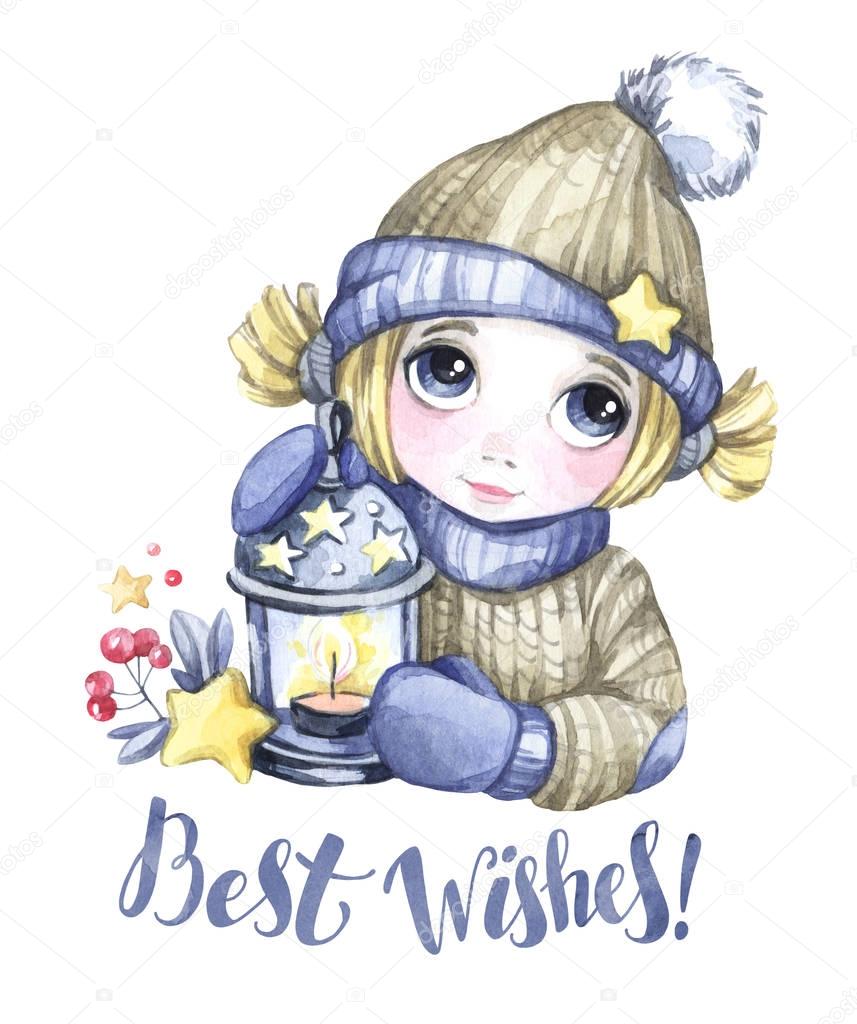 Winter holidays illustration. Watercolor cute girl with Christmas lamp, stars. New Year card. Words Best Wishes.