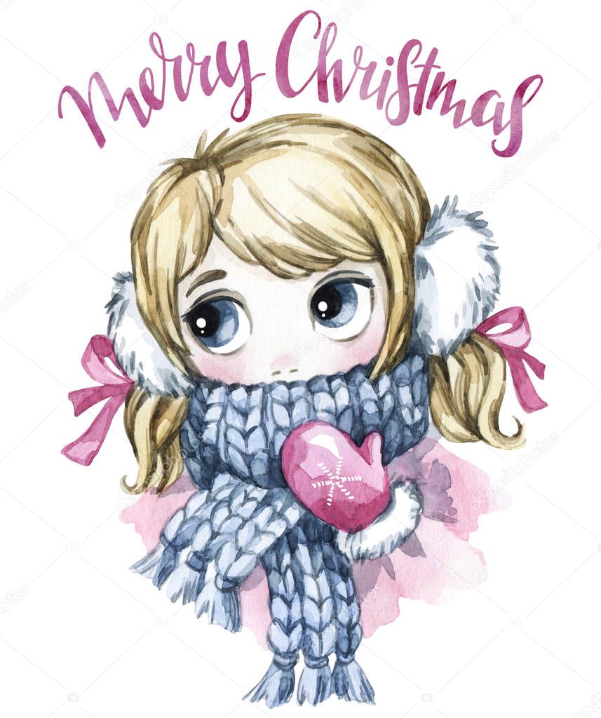 Winter holidays illustration. Watercolor cute girl with big eyes in warm clothes. New Year card. Merry Christmas.