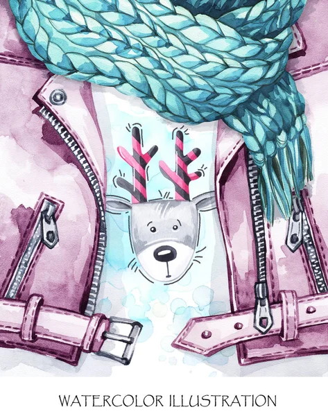 水彩のヴィンテージのイラスト。暖かい服見てください。手描きの革のジャケット、スカーフを編むと面白い鹿が冬のファッション概念で印刷します。スタイルの女の子. — ストック写真