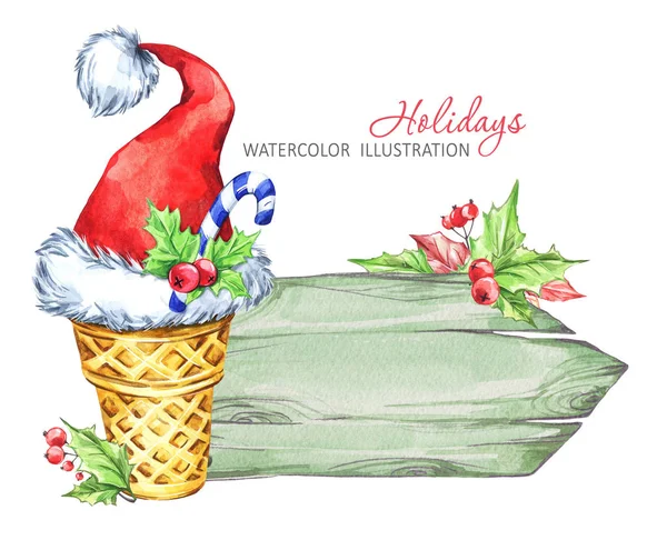 Biglietto d'auguri per acquerello invernale, cornice in legno con cono waffle e cappello Babbo Natale . — Foto Stock