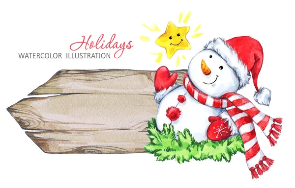 Illustrazione vacanze invernali. Struttura in legno ad acquerello con pupazzo di neve . — Foto Stock