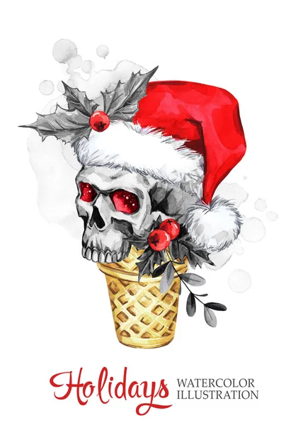 Ilustración en acuarela. Cono de gofre pintado a mano con cráneo en sombrero de Santa. Divertido postre de helado. Navidad, símbolo de Año Nuevo . —  Fotos de Stock