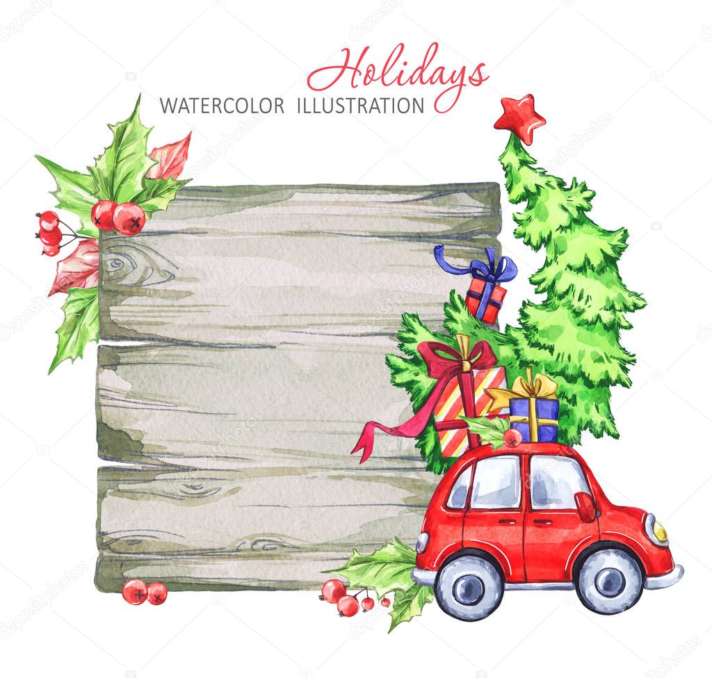 Winter watercolor greeting card, wooden frame with retro car, Christmas tree.