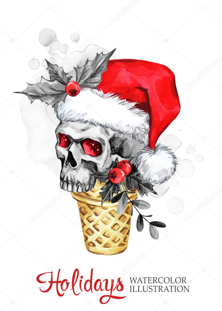 Watercolor illustration. Hand painted waffle cone with skull in Santa hat. Funny ice cream dessert. Christmas, New Year symbol.