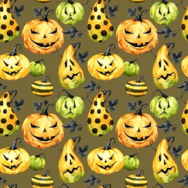 Sulu Boya Dikişsiz desen, kabak leafes ile. Cadılar Bayramı tatil illüstrasyon. Komik gıda. Korku sihirli, sembolü. Bebek arka plan. Tatil tasarım, posterler, Davetiyeler, kart kullanımda olabilir.