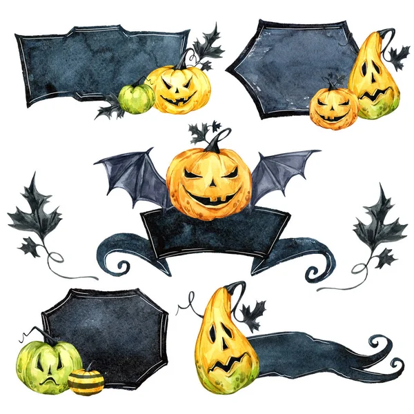 Ensemble de bordure aquarelle, citrouilles avec feuilles. Illustration vacances Halloween. Drôle de nourriture. Magie, symbole d'horreur. Fond bébé. Peut être utilisé dans la conception de vacances, affiches, invitations . — Photo