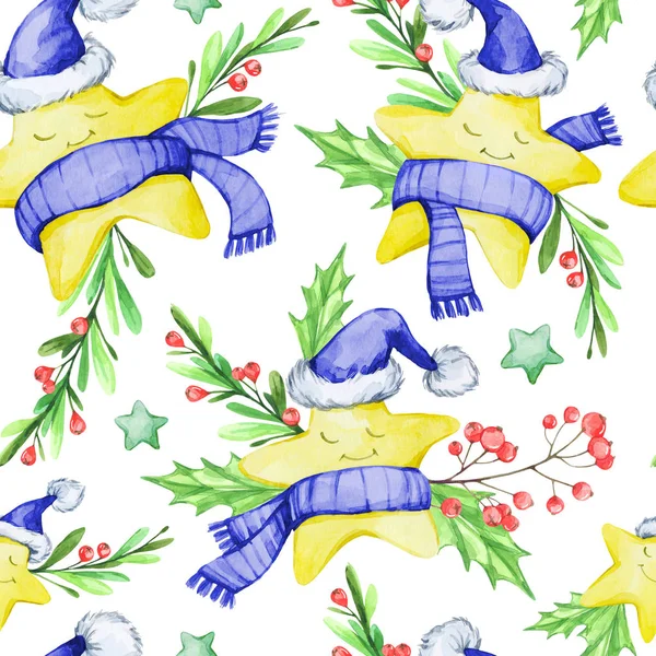 Aquarelle motif sans couture avec des étoiles de dessin animé dans des chiffons chauds, des feuilles et des baies. Nouvel An. Joyeux Noël. Illustration de célébration. Peut être utilisé dans la conception des vacances d'hiver, affiches, invitations . — Photo