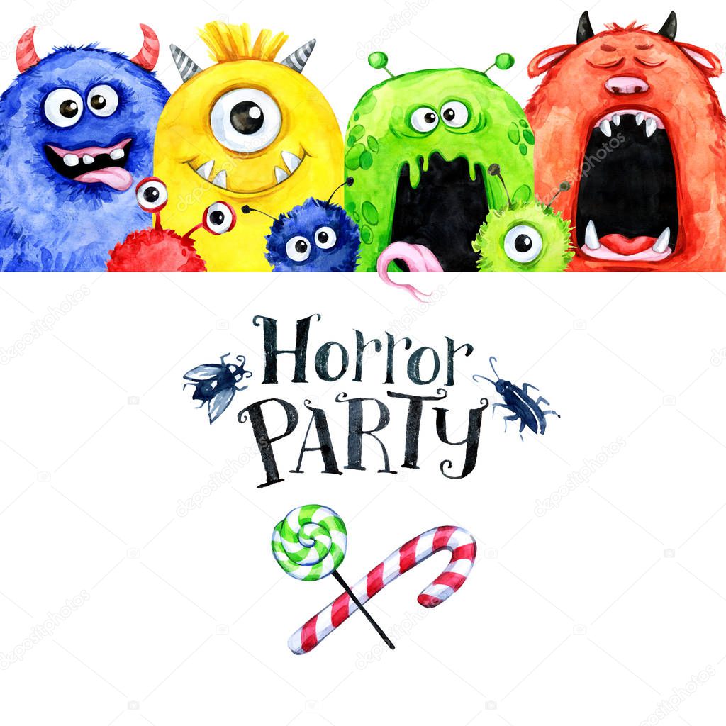 Hand drawn horizontal frame with watercolor funny monster heads. Celebration illustration. Cartoon horror party. Funny beasts. Baby background. Can be use in holidays, birthday design, posters.