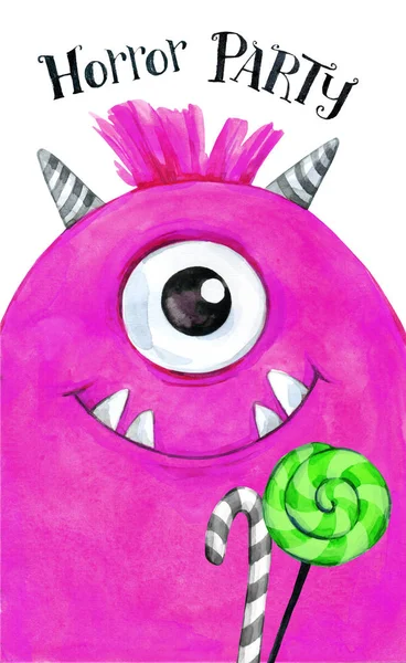 Elle çizilmiş kartı. Bir canavar ile tatlılar suluboya başkanı. Kutlama illüstrasyon. Çizgi film korku parti. Komik hayvanlar. Bebek arka plan. Tatilleri, doğum günü tasarımları kullanımda olabilir.