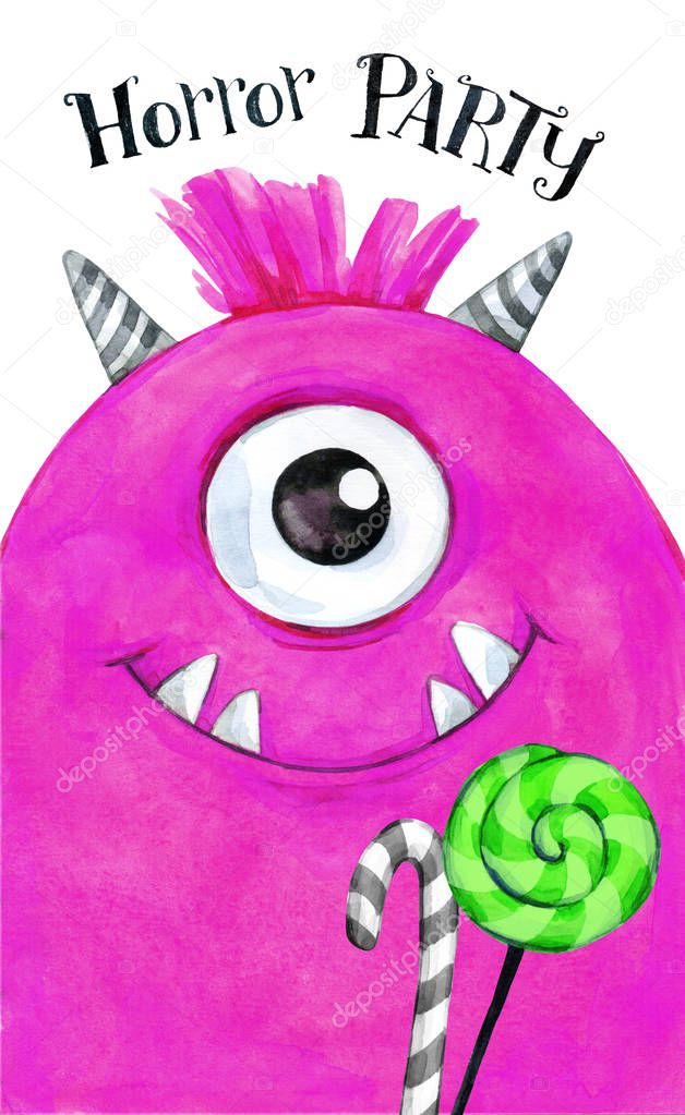 Hand drawn card. Watercolor head of a monster with sweets. Celebration illustration. Cartoon horror party. Funny beasts. Baby background. Can be use in holidays, birthday designs.