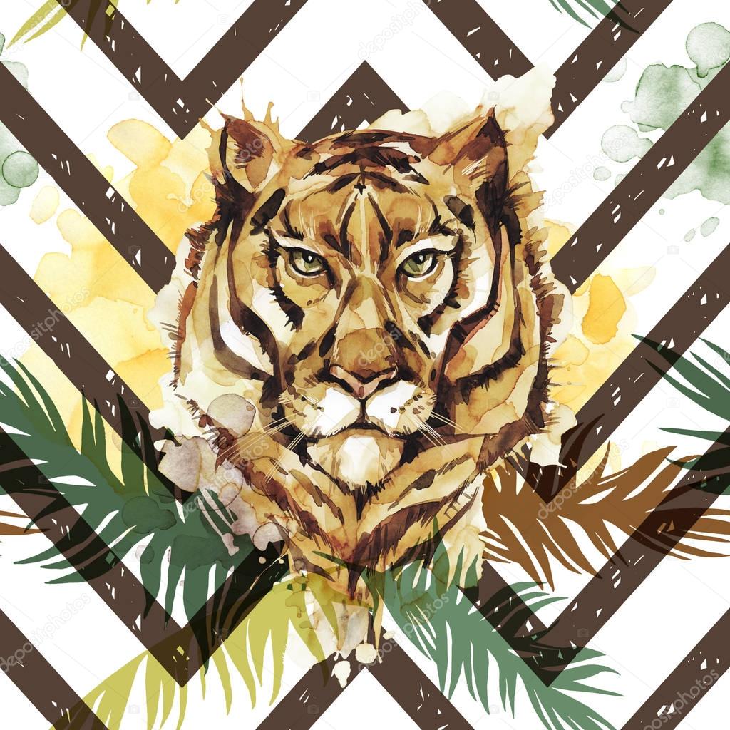 Watercolor exotic seamless pattern. Tiger with colorful tropical leaves on geometric texture. African animals background. Wildlife art illustration. Can be printed on T-shirts, posters.