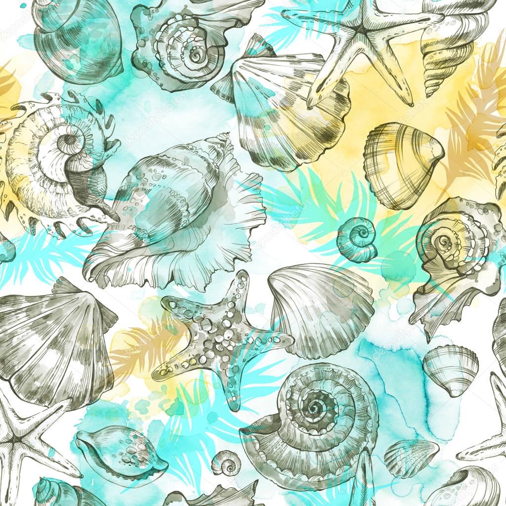 Summer Party holiday background, watercolor illustration. Seamless pattern with sea shells, molluscs and palm leaves. Tropical texture in neon colors.
