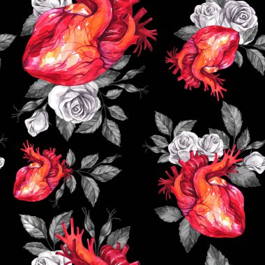 Watercolor seamless pattern, anatomic hearts with sketches of roses and leaves in vintage medieval style. Valentines day illustration. Tattoo art symbol of love. Gothic. Can be use in holiday design. clipart