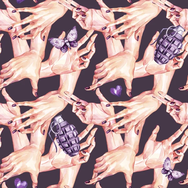 Aquarell nahtlose Muster, Sammlung von Mädchen Hände halten Bomben in realistischem Stil. Gesten und Handbewegungen. Menschen, Körperteile. Kunstsymbol der Gefahrenliebe. Illustration zum Valentinstag. — Stockfoto