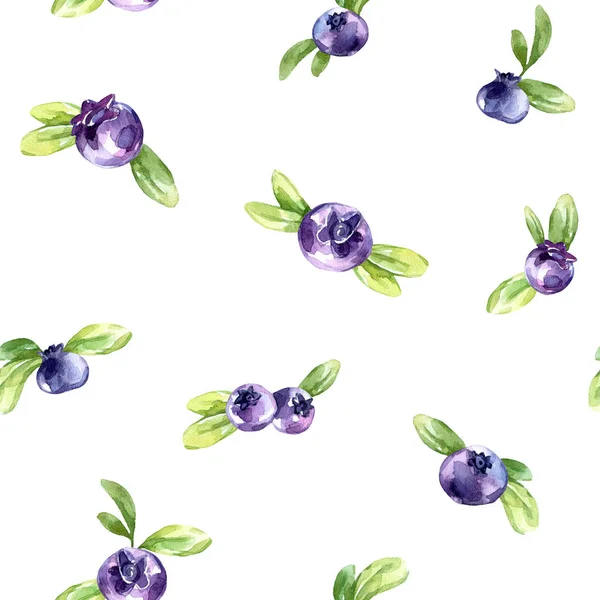 Seamless pattern blueberries and leaves. Summer and spring watercolor illustration. Fruits texture in violet shades. Fresh and bright design. Can be used for a poster, printing on fabric. Food.