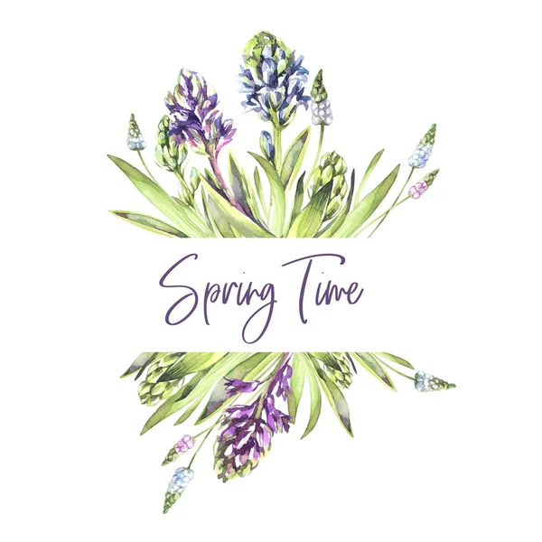 Hand beschilderde randen met hyacinten bloemen en bladeren. Lente aquarel illustratie in violet tinten. Botanische textuur. Kan worden gebruikt voor een poster, afdrukken op stof, bruiloft desings. — Stockfoto