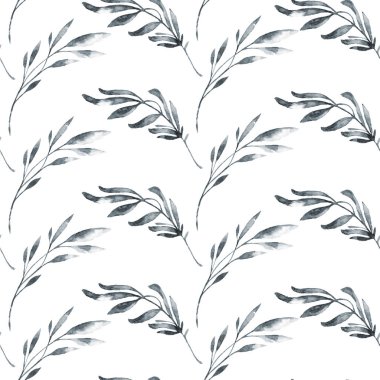 Suluboya yaprakları ve otlar ile Seamless modeli. Orijinal çizilmiş şekil ver. Botanik doku. Tek renkli doğa tasarım. Mükemmel bir poster, kumaş üzerine yazdırma için.