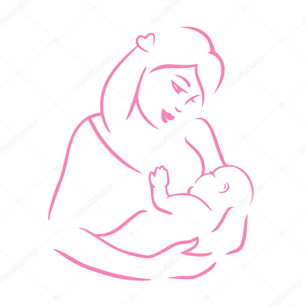 Linear vector illustration of the woman feeding newborn baby. Hand drawn sketch of the mother and child. Concept of childhood, maternity, love, care.