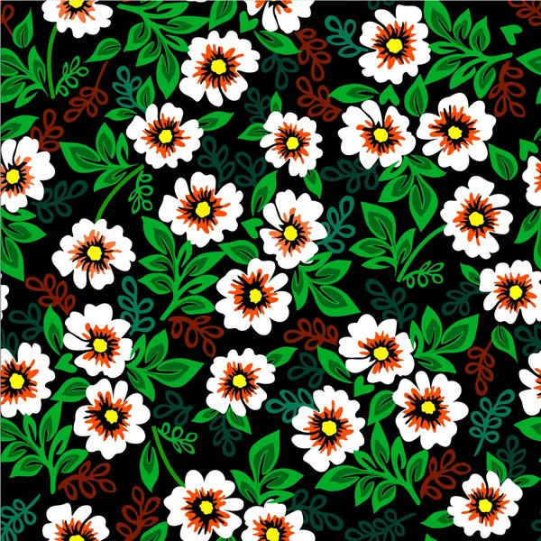 Vektoros illusztráció, színes mintás, fekete alapon fehér virágokkal. — Stock Vector