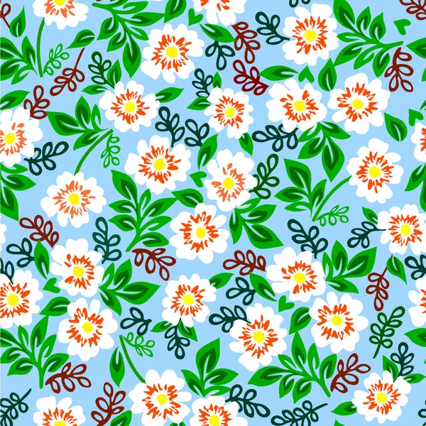 Vektor-Illustration des bunten Musters mit weißen Blumen auf blauem Hintergrund. — Stockvektor