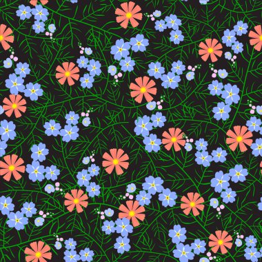 Siyah arka planda kesintisiz çiçek deseni vektör çizim