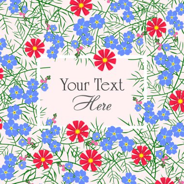 Tebrik kartı mavi ve kırmızı çiçekler ile vektör çizim