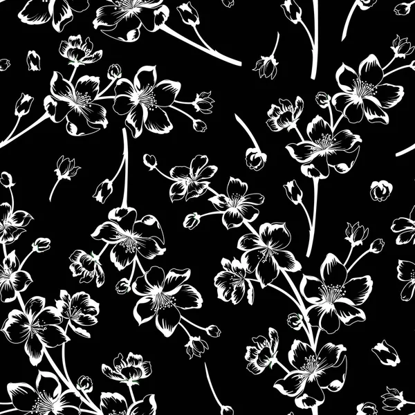 Illustration vectorielle d'un motif sans couture en fleurs de printemps noir et blanc — Image vectorielle