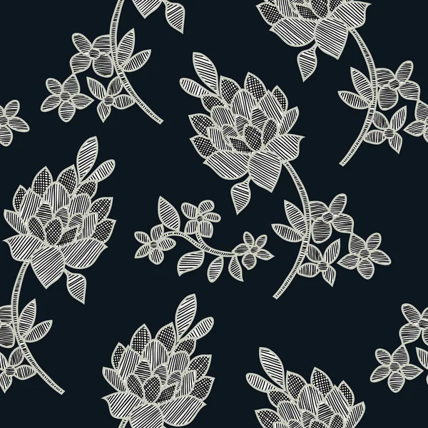 Vector illustration of abstract black and white flowers and leaves seamless pattern. — Stock Vector