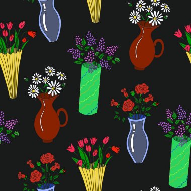 Vektör çizim çiçek seamless modeli ile renkli vazo.
