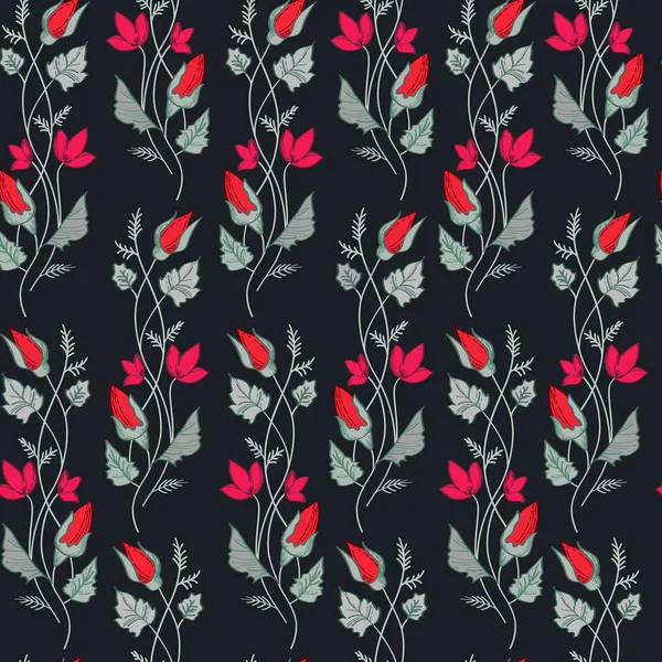 Çok kırmızı ve pembe çiçekler seamles desen siyah arka plan üzerine vektör çizim