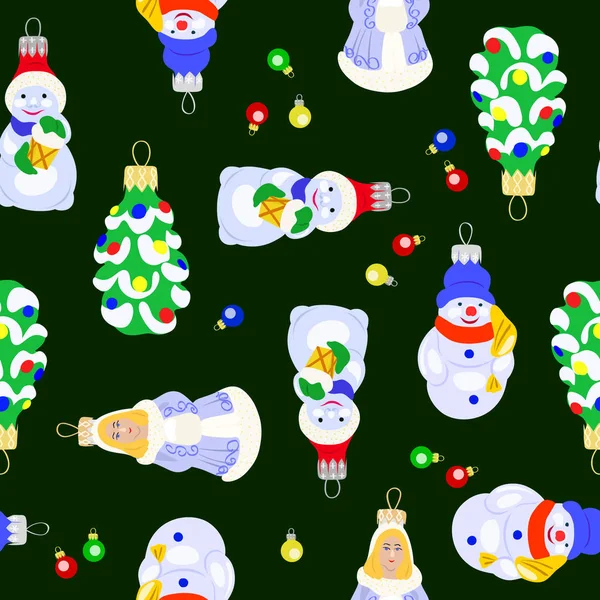Εικονογράφηση διάνυσμα χριστουγεννιάτικο δέντρο παιχνίδια σε σκούρο φόντο χωρίς ραφή πρότυπο — Διανυσματικό Αρχείο