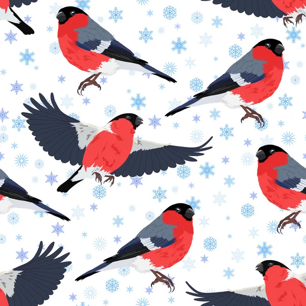 Şakrak kuşu ve kar taneleri Dikişsiz desen vektör çizim — Stok Vektör