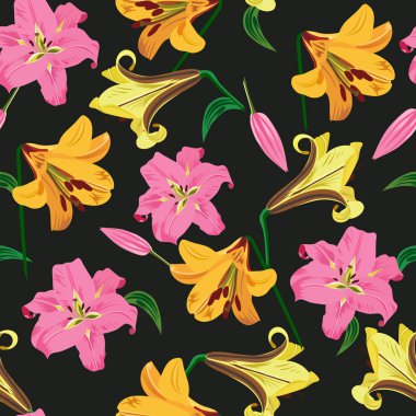 Lily çiçekler seamless modeli siyah arka plan üzerine vektör çizim.